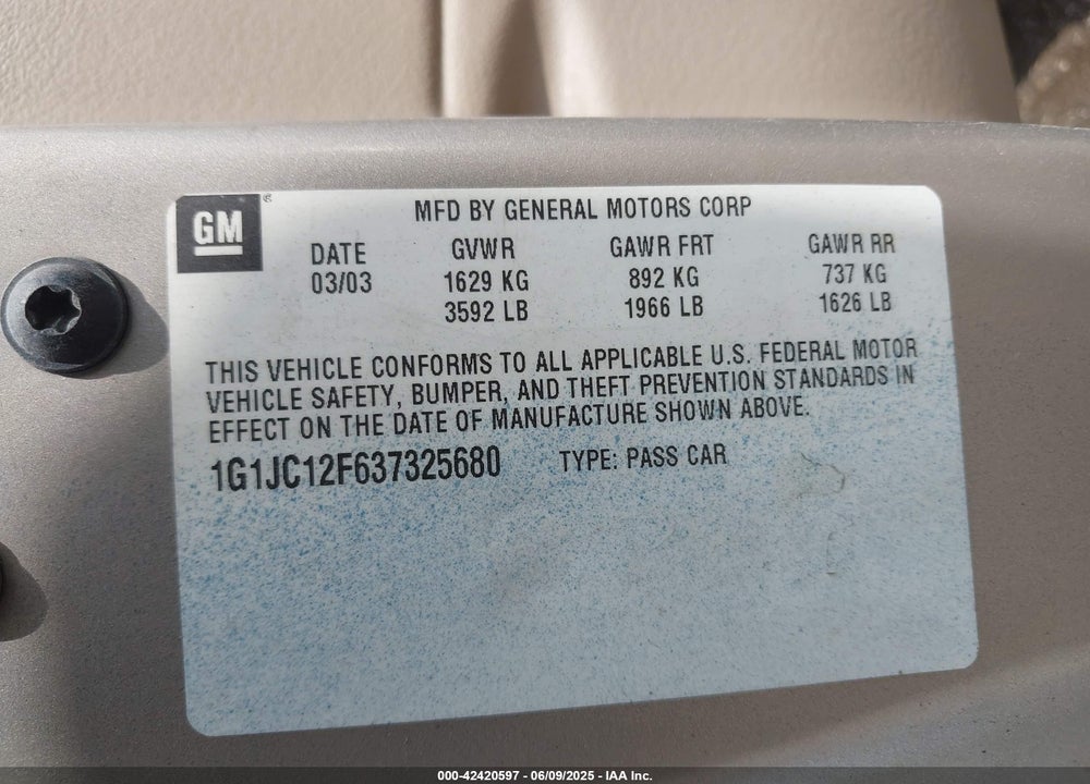 2003 CHEVROLET CAVALIER VIN: 1G1JC12F637325680