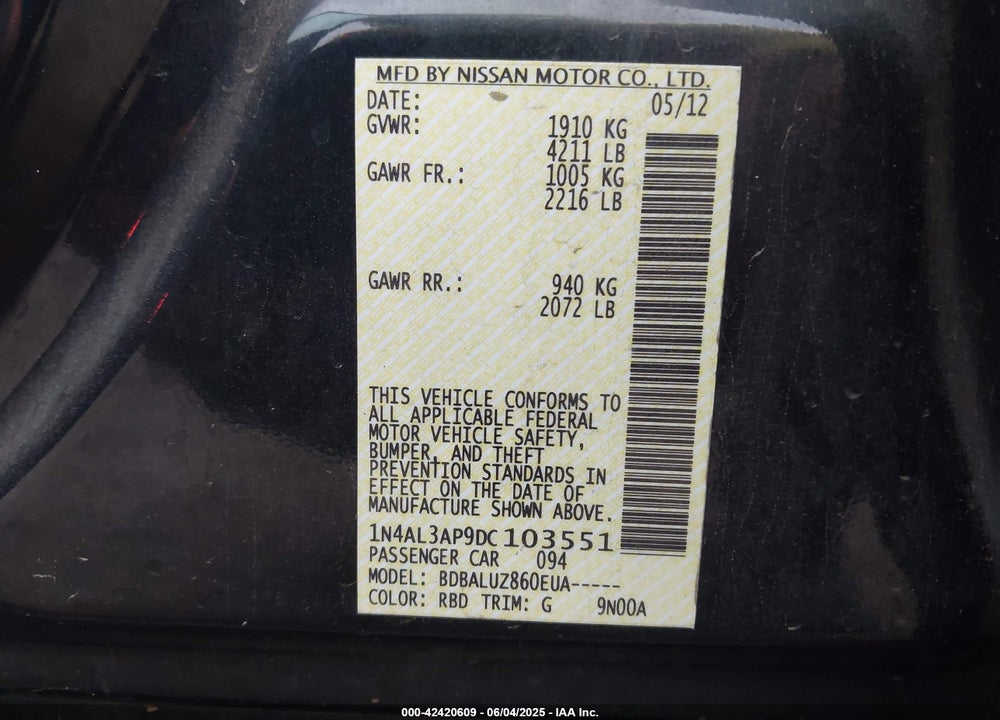 2013 NISSAN ALTIMA VIN: 1N4AL3AP9DC103551