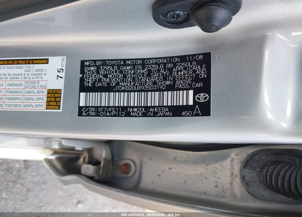 2009 TOYOTA PRIUS VIN: JTDKB20UX93503192
