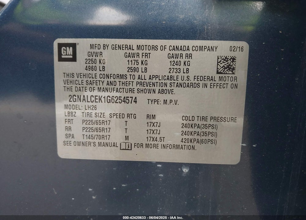 2016 CHEVROLET EQUINOX VIN: 2GNALCEK1G6254574