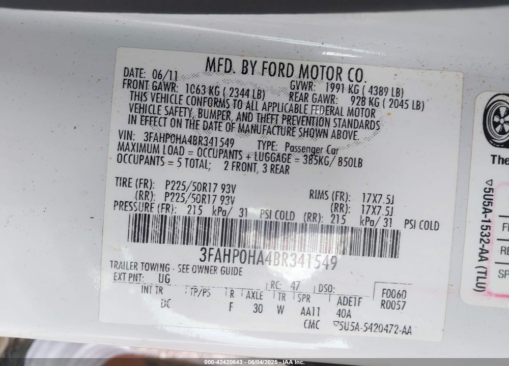 2011 FORD FUSION VIN: 3FAHP0HA4BR341549