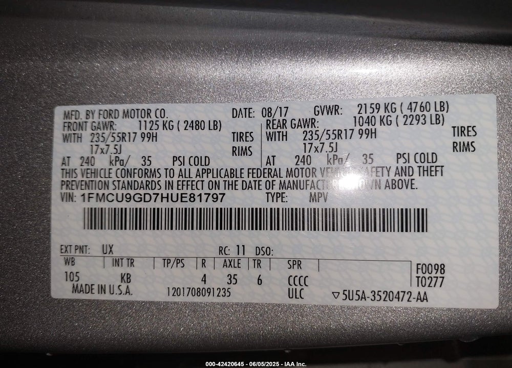 2017 FORD ESCAPE VIN: 1FMCU9GD7HUE81797