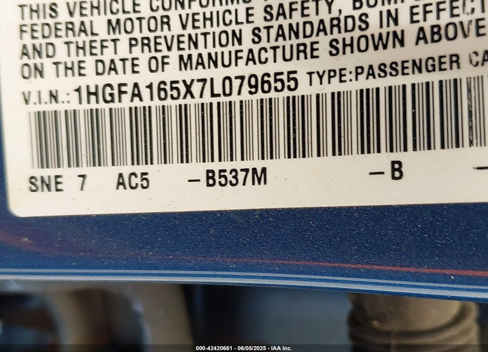 2007 HONDA CIVIC LX VIN: 1HGFA165X7L079655