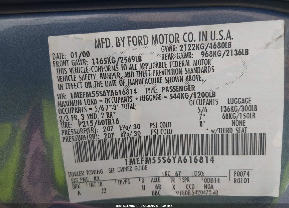 2000 MERCURY SABLE LS PREMIUM VIN: 1MEFM55S6YA616814