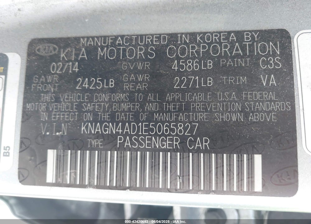 2014 KIA OPTIMA HYBRID VIN: KNAGN4AD1E5065827