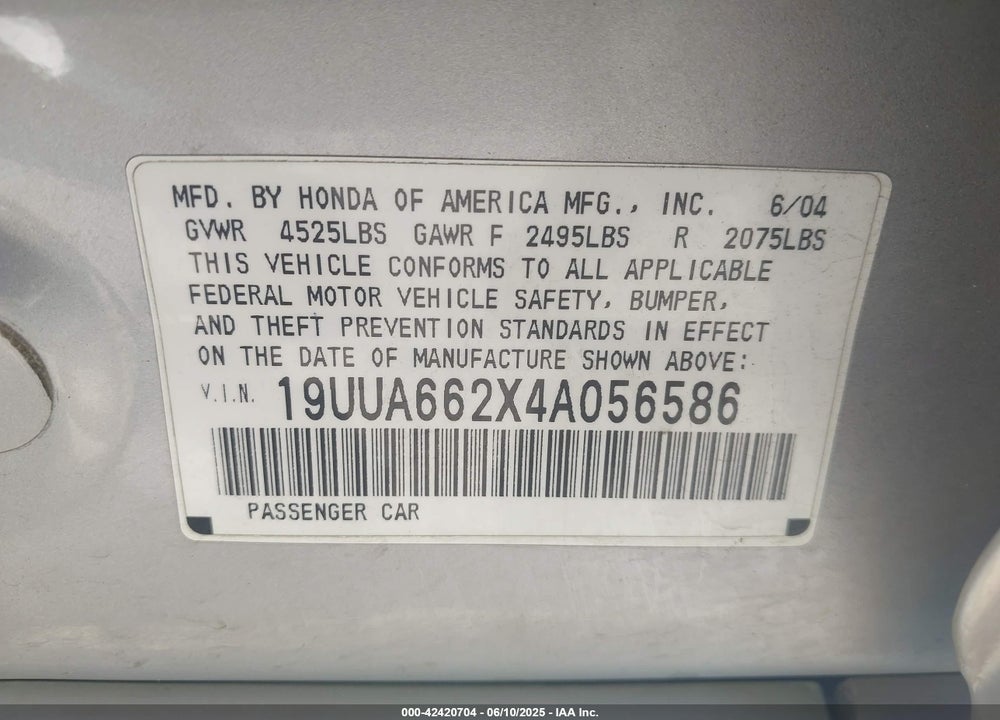 2004 ACURA TL VIN: 19UUA662X4A056586