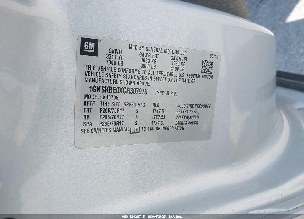 2012 CHEVROLET TAHOE VIN: 1GNSKBE0XCR307979