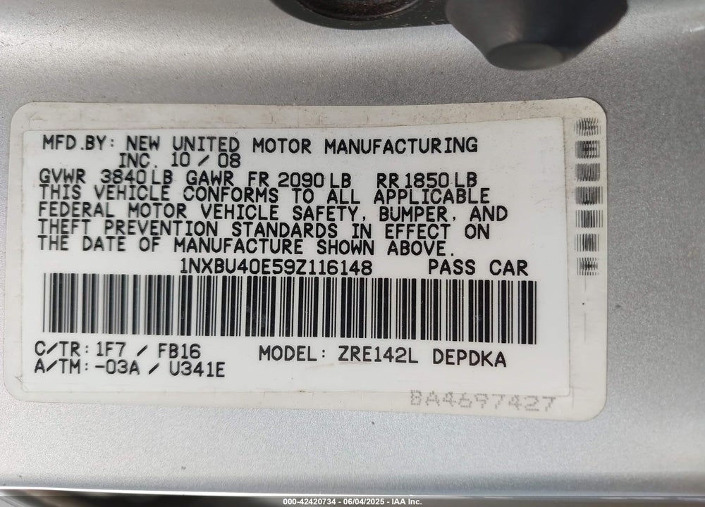 2009 TOYOTA COROLLA VIN: 1NXBU40E59Z116148