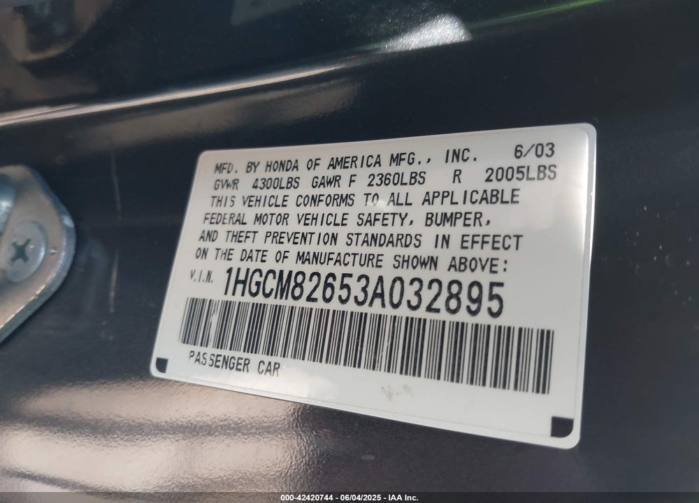 2003 HONDA ACCORD 3.0 EX VIN: 1HGCM82653A032895