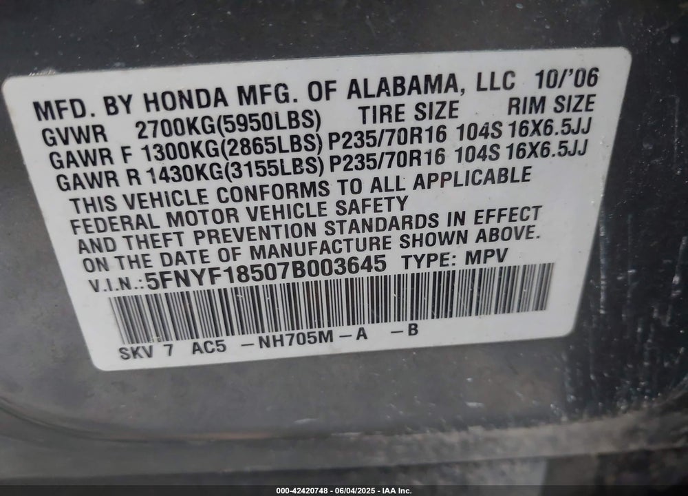 2007 HONDA PILOT EX-L VIN: 5FNYF18507B003645