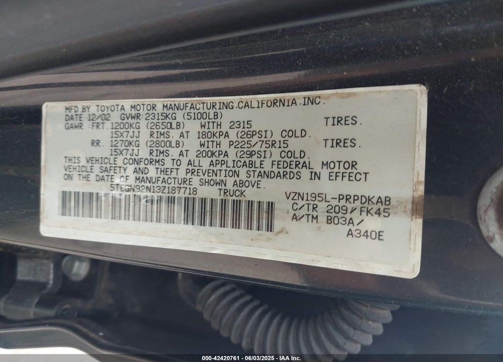 2003 TOYOTA TACOMA PRERUNNER V6 VIN: 5TEGN92N13Z187718