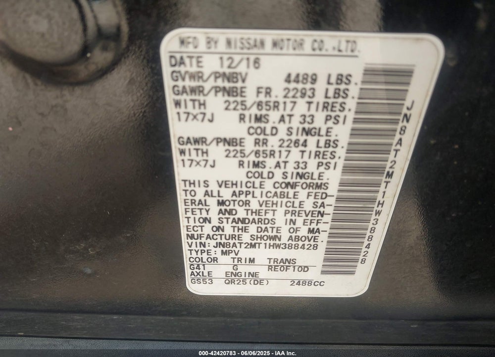 2017 NISSAN ROGUE VIN: JN8AT2MT1HW388428