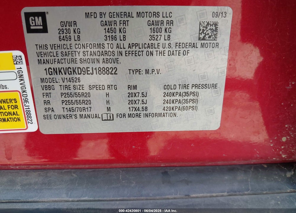 2014 CHEVROLET TRAVERSE 1LT VIN: 1GNKVGKD9EJ188822