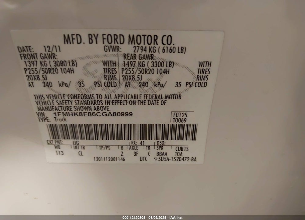 2012 FORD EXPLORER VIN: 1FMHK8F86CGA80999