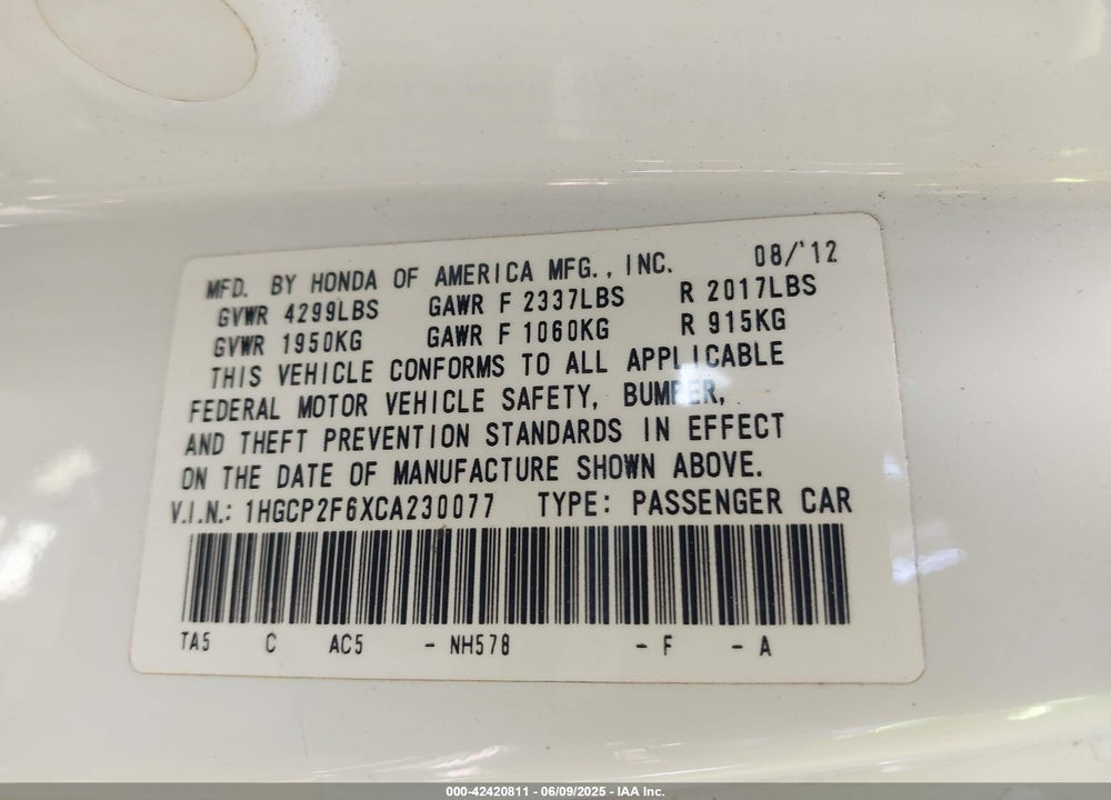 2012 HONDA ACCORD VIN: 1HGCP2F6XCA230077