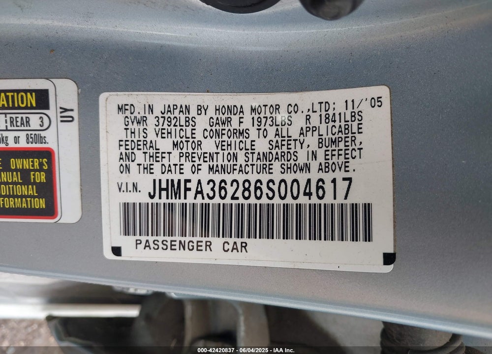 2006 HONDA CIVIC HYBRID VIN: JHMFA36286S004617