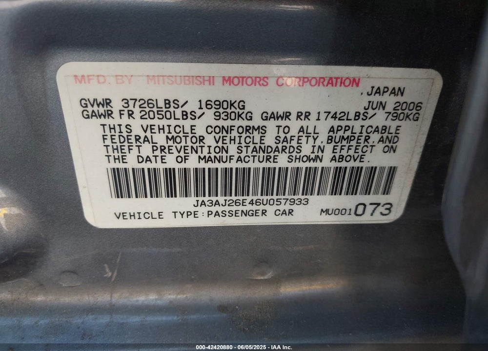 2006 MITSUBISHI LANCER ES/SE VIN: JA3AJ26E46U057933