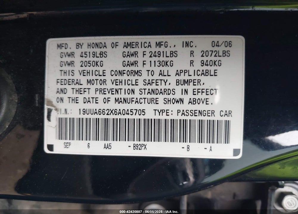 2006 ACURA TL VIN: 19UUA662X6A045705
