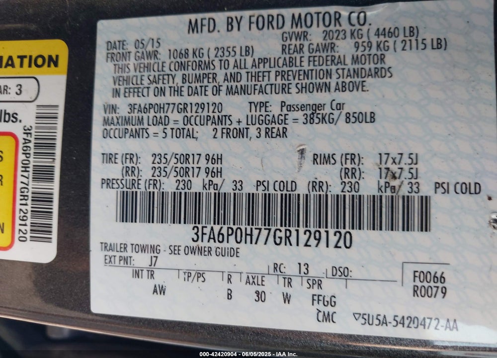 2016 FORD FUSION VIN: 3FA6P0H77GR129120
