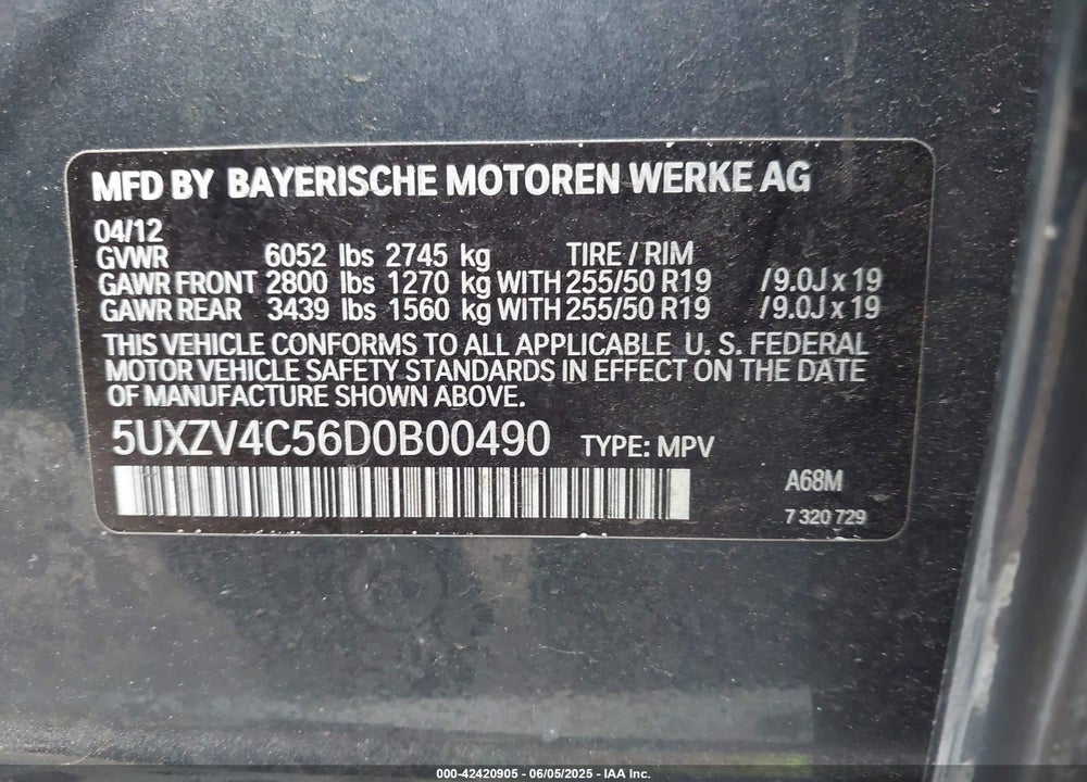 2013 BMW X5 VIN: 5UXZV4C56D0B00490
