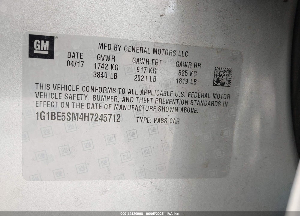 2017 CHEVROLET CRUZE VIN: 1G1BE5SM4H7245712