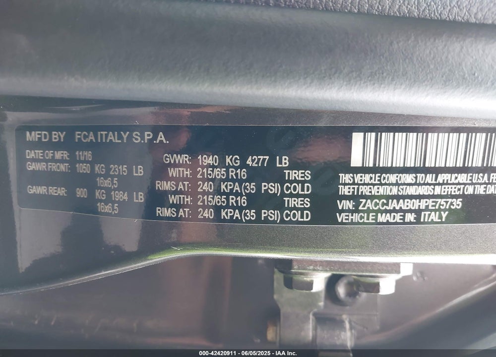 2017 JEEP RENEGADE VIN: ZACCJAAB0HPE75735