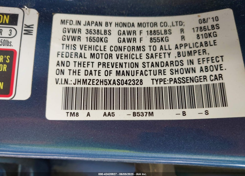 2010 HONDA INSIGHT VIN: JHMZE2H5XAS042328