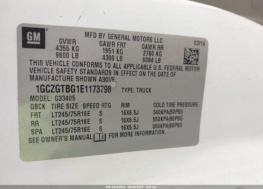2014 CHEVROLET EXPRESS 3500 WORK VAN VIN: 1GCZGTBG1E1173798