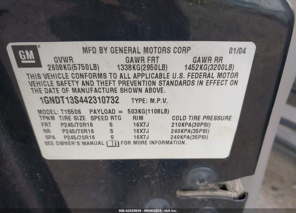 2004 CHEVROLET TRAILBLAZER LS VIN: 1GNDT13S442310732