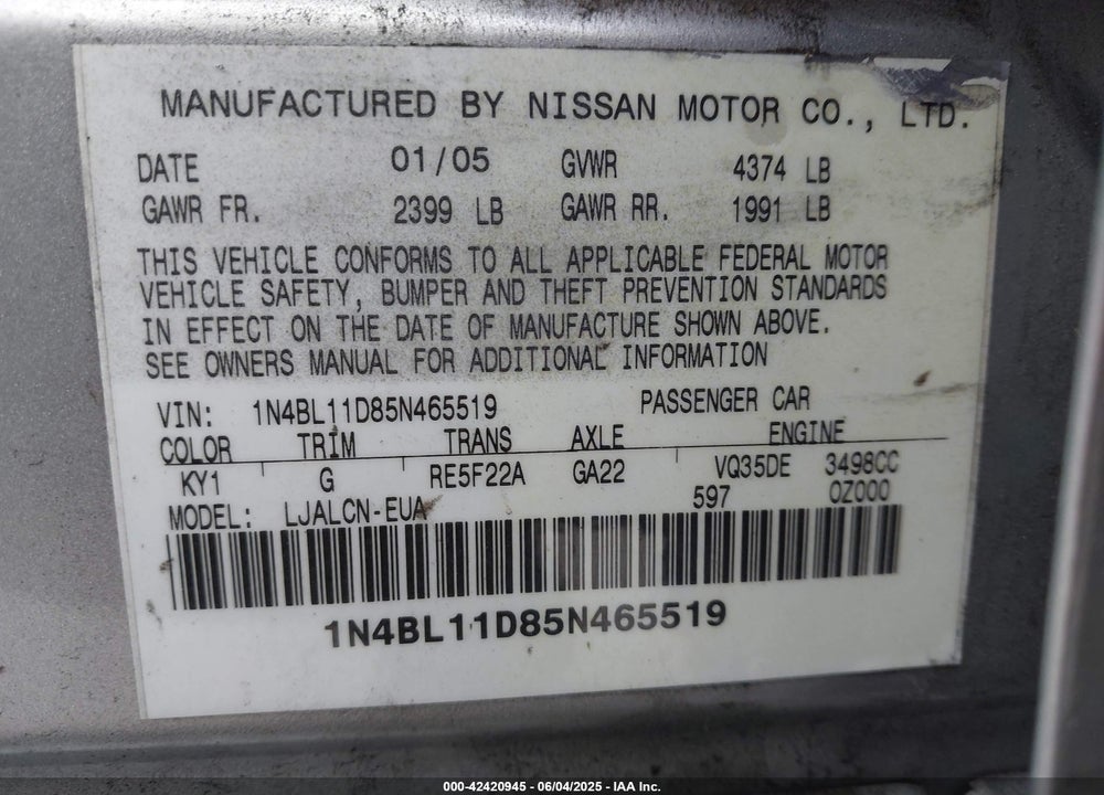 2005 NISSAN ALTIMA VIN: 1N4BL11D85N465519
