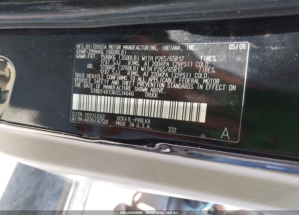 2006 TOYOTA TUNDRA LIMITED V8 VIN: 5TBDT48136S534640