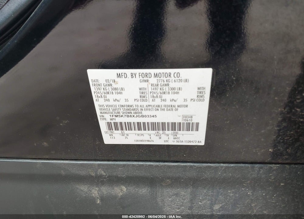 2018 FORD EXPLORER VIN: 1FM5K7B8XJGB03345