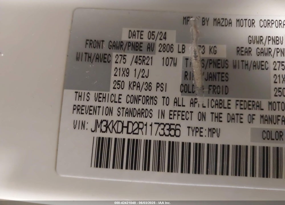2024 MAZDA CX-90 3.3 TURBO PREMIUM VIN: JM3KKDHD2R1173356