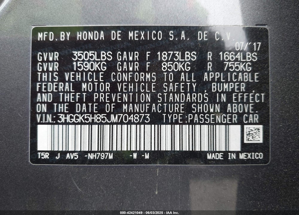 2018 HONDA FIT VIN: 3HGGK5H85JM704873