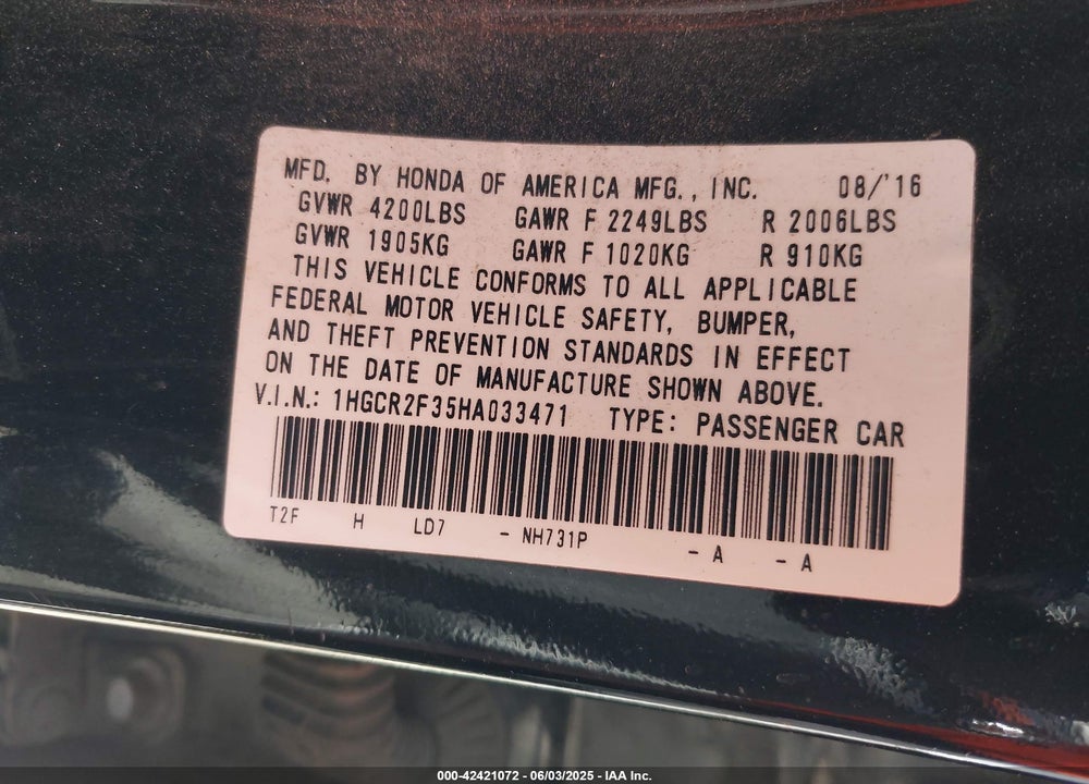 2017 HONDA ACCORD VIN: 1HGCR2F35HA033471