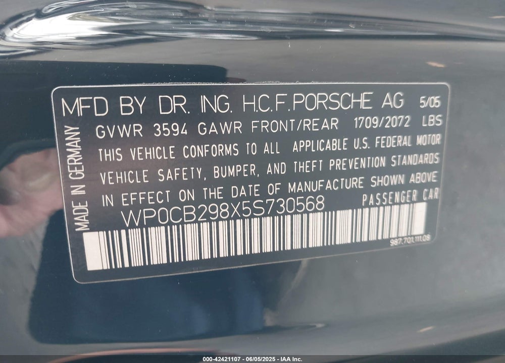 2005 PORSCHE BOXSTER S VIN: WP0CB298X5S730568