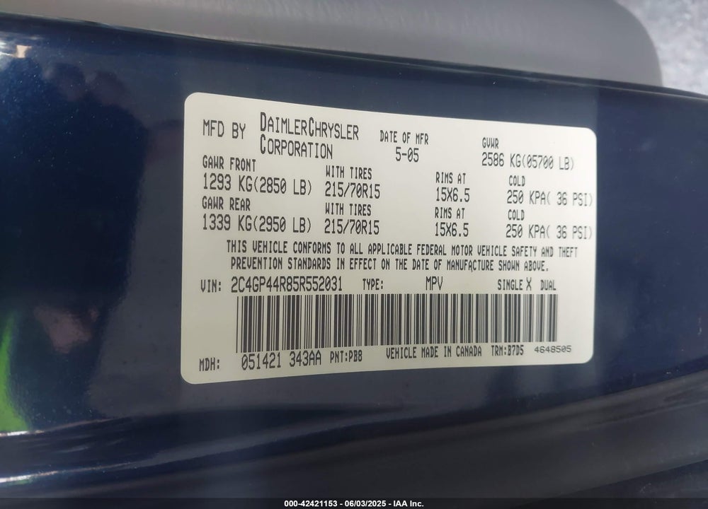 2005 CHRYSLER TOWN & COUNTRY LX VIN: 2C4GP44R85R552031