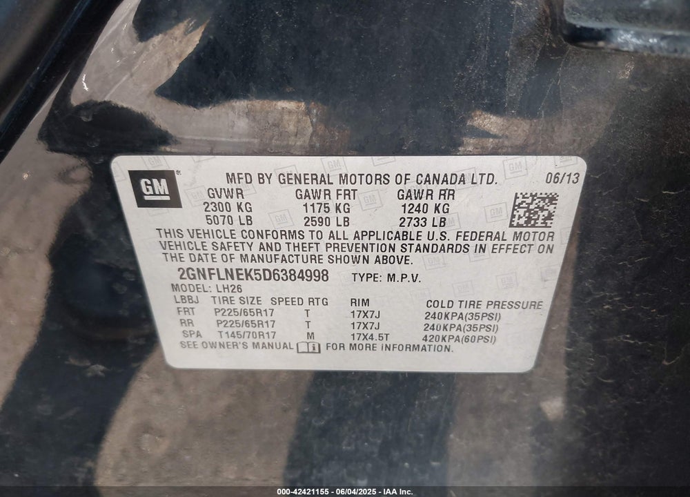 2013 CHEVROLET EQUINOX 2LT VIN: 2GNFLNEK5D6384998