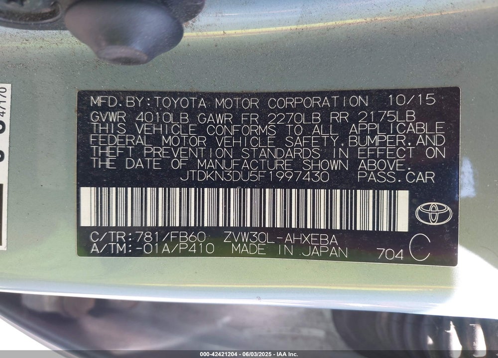 2015 TOYOTA PRIUS TWO VIN: JTDKN3DU5F1997430