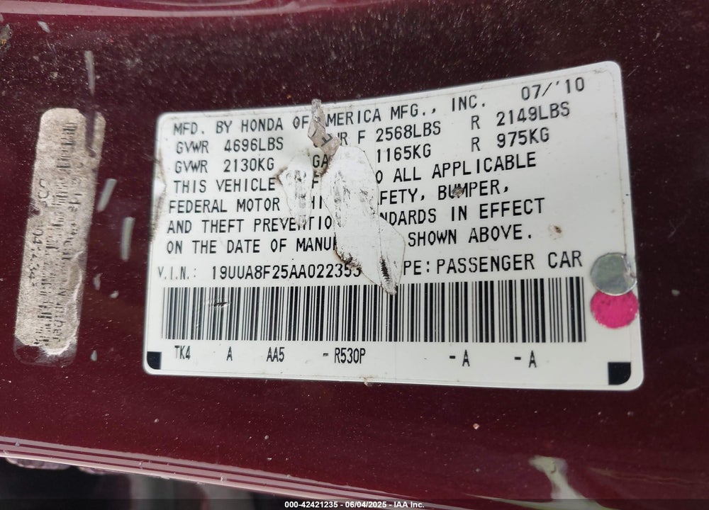 2010 ACURA TL 3.5 VIN: 19UUA8F25AA022353