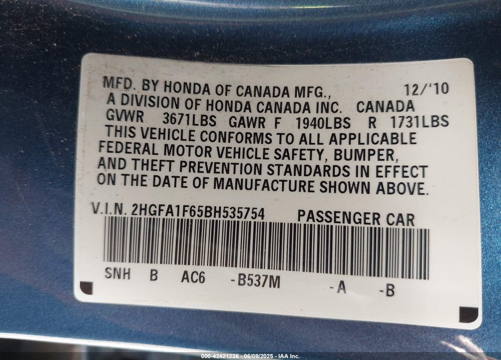 2011 HONDA CIVIC VIN: 2HGFA1F65BH535754