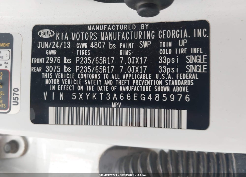 2014 KIA SORENTO LX VIN: 5XYKT3A66EG485976