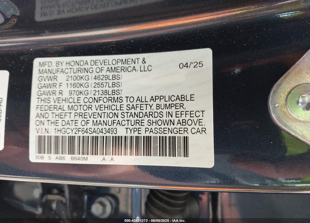 2025 HONDA ACCORD VIN: 1HGCY2F64SA043493