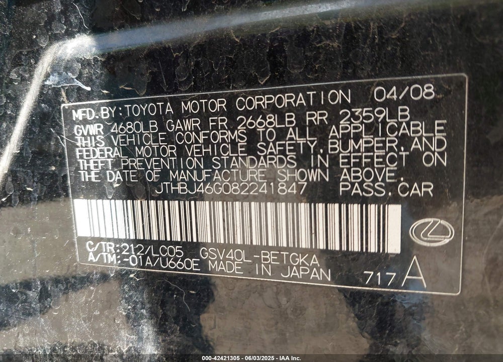 2008 LEXUS ES 350 VIN: JTHBJ46G082241847
