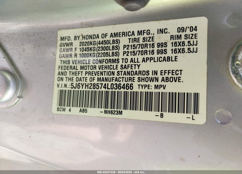 2004 HONDA ELEMENT EX VIN: 5J6YH28574L036466