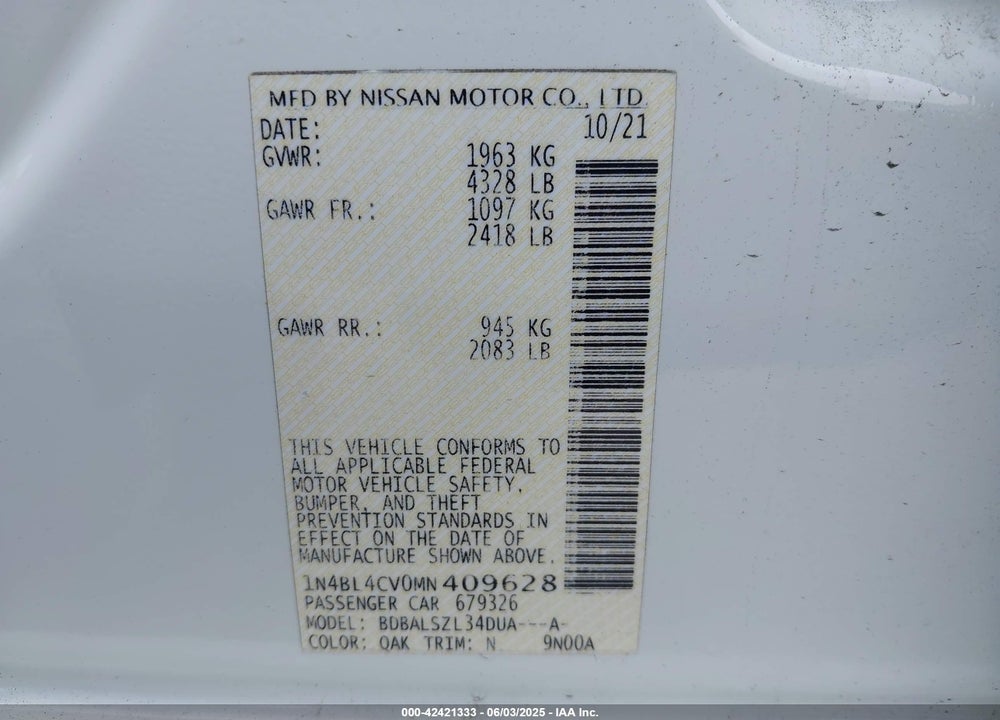 2021 NISSAN ALTIMA VIN: 1N4BL4CV0MN409628
