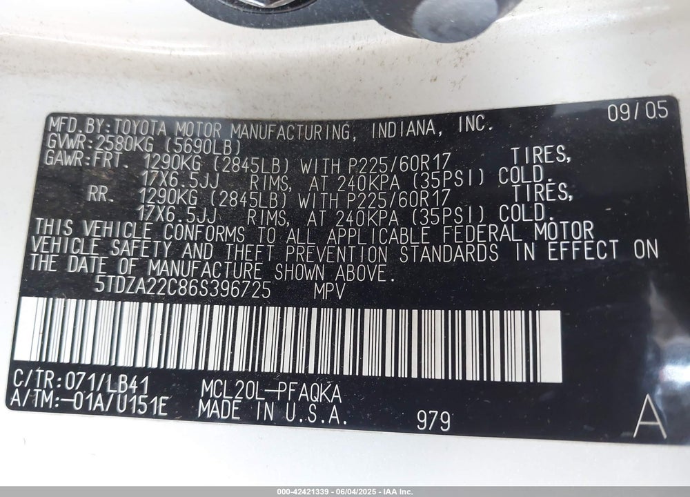 2006 TOYOTA SIENNA XLE VIN: 5TDZA22C86S396725