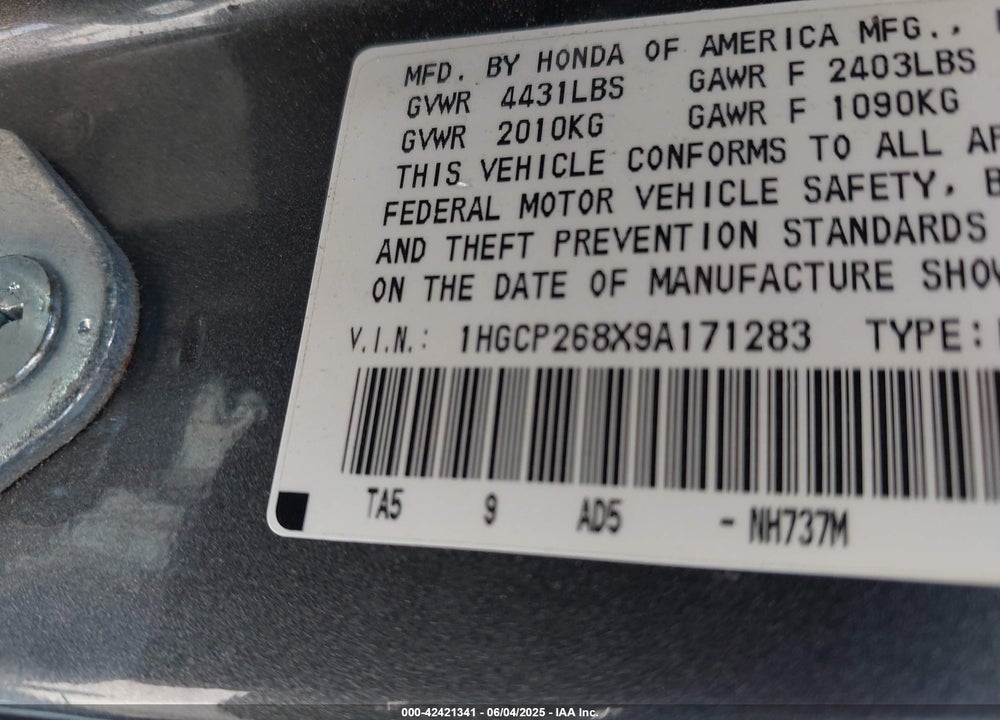 2009 HONDA ACCORD VIN: 1HGCP268X9A171283