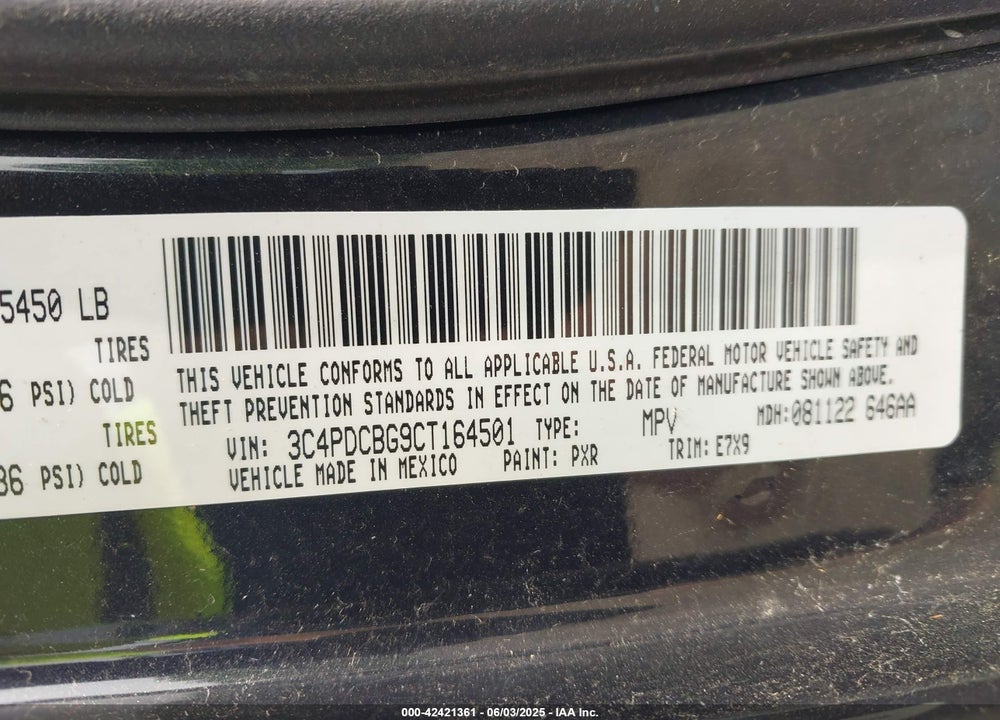 2012 DODGE JOURNEY VIN: 3C4PDCBG9CT164501