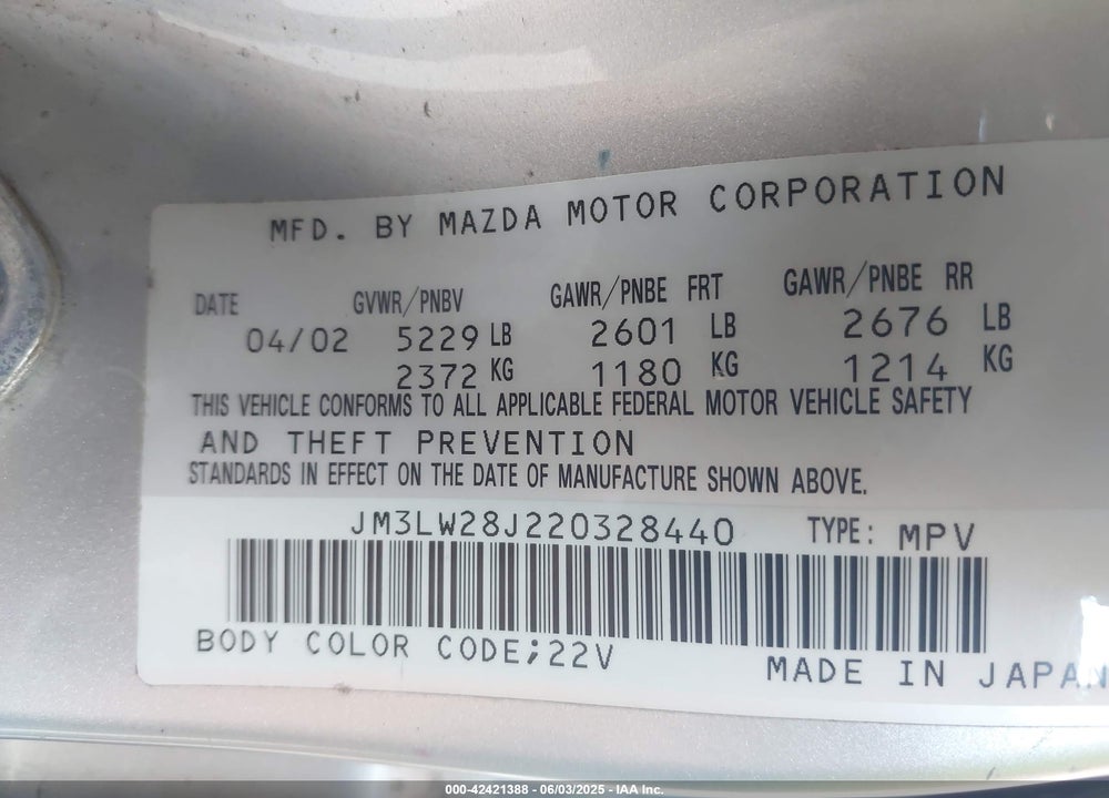 2002 MAZDA MPV ES/LX VIN: JM3LW28J220328440